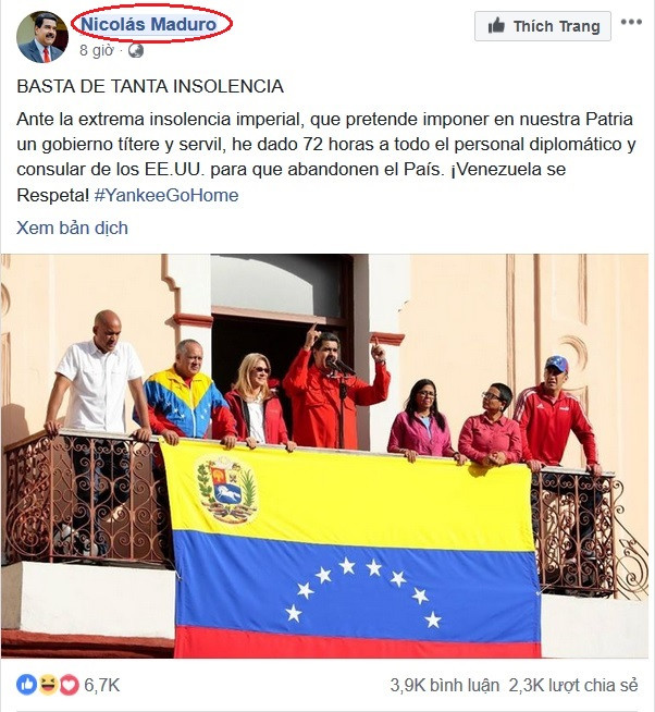 Facebook Tổng thống Venezuela Maduro bất ngờ mất “dấu xác thực màu xanh”