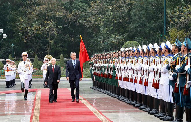Tổng Bí thư, Chủ tịch nước Nguyễn Phú Trọng đón, hội đàm với Tổng thống Argentina