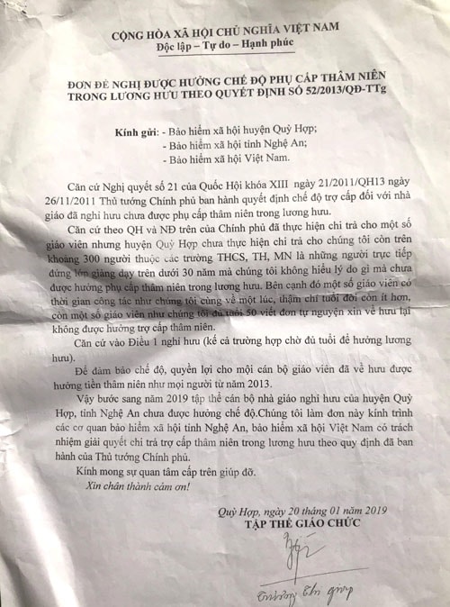 Huyện Quỳ Hợp – Nghệ An: Vì sao hàng trăm giáo viên nghỉ hưu không được hưởng trợ cấp thâm niên?