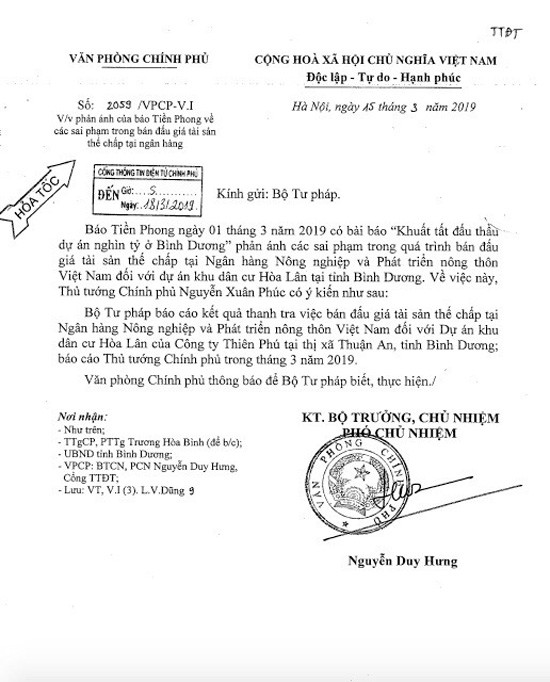 Dự án KDC Hòa Lân: Thủ tướng chỉ đạo Bộ Tư pháp báo cáo kết quả thanh tra việc bán đấu giá tài sản