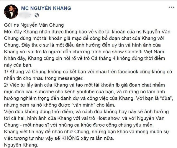 Nguyên Khang bức xúc vì bị nhạc sĩ Nguyễn Văn Chung tung tin 