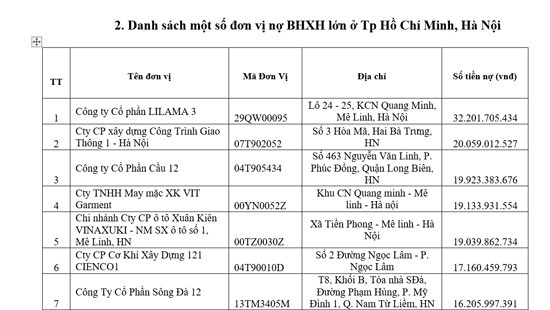 Công khai danh sách 20 DN nợ BHXH lớn tại Hà Nội và TP Hồ Chí Minh