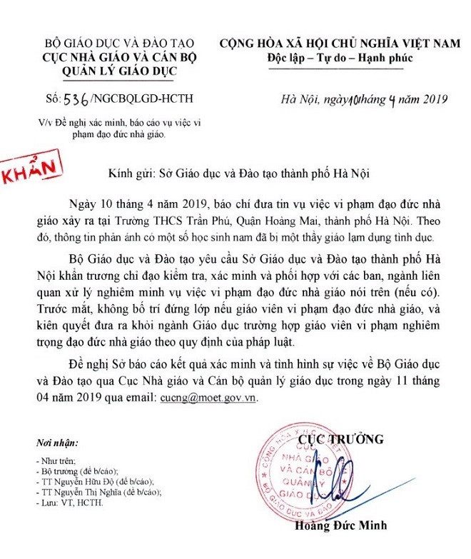 Công văn khẩn về việc thầy giáo trường THCS Trần Phú lạm dụng tình dục