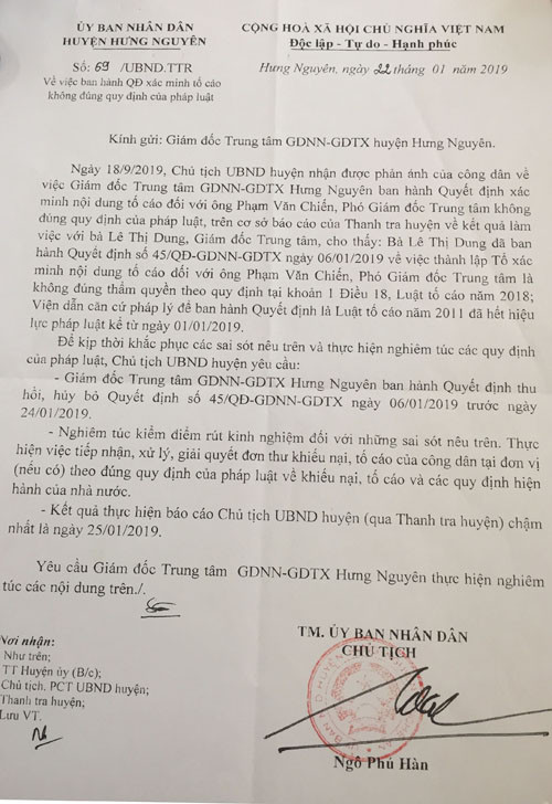 Phó giám đốc Trung tâm GDNN –GDTX huyện Hưng Nguyên bị tố có nhiều sai phạm