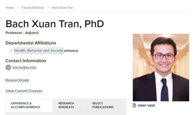 Người Việt trẻ được bổ nhiệm chức danh Giáo sư tại Đại học Johns Hopkins ở Mỹ