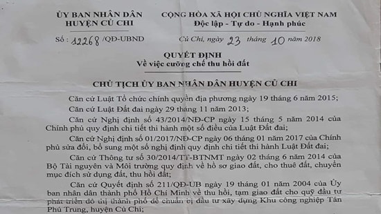 Người dân kêu cứu vì quyết định cưỡng chế của huyện Củ Chi