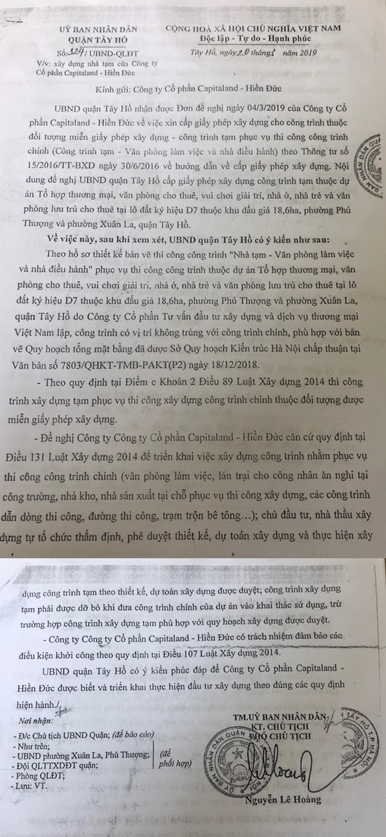 Tây Hồ (Hà Nội): Phó chủ tịch UBND quận “giải cứu” CapitaLand - Hiền Đức bằng văn bản “mới” 