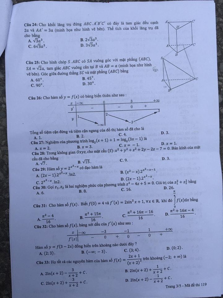 Đề thi môn Toán kỳ thi THPT quốc gia 2019