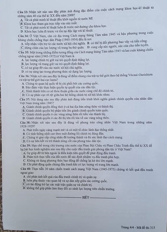 Gợi ý đáp án môn Lịch sử kỳ thi THPT quốc gia 2019