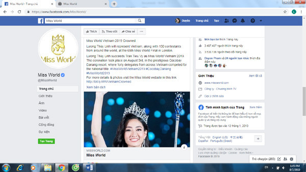 Trang chủ Miss World khen ngợi Tân hoa hậu Lương Thùy Linh 
