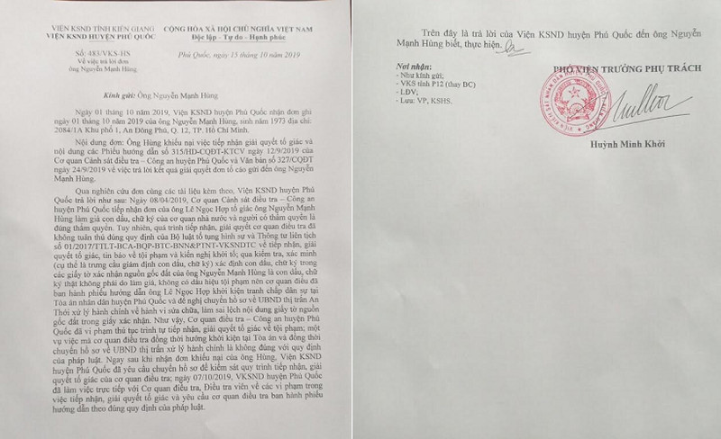 Viện Kiểm sát Phú Quốc ký văn bản trả lời công dân gây tranh cãi