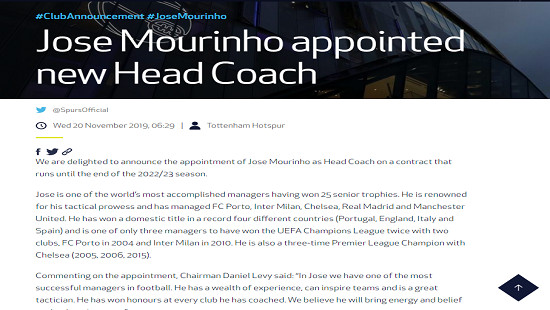 CHÍNH THỨC: Jose Mourinho trở thành HLV trưởng của Tottenham Hotspur