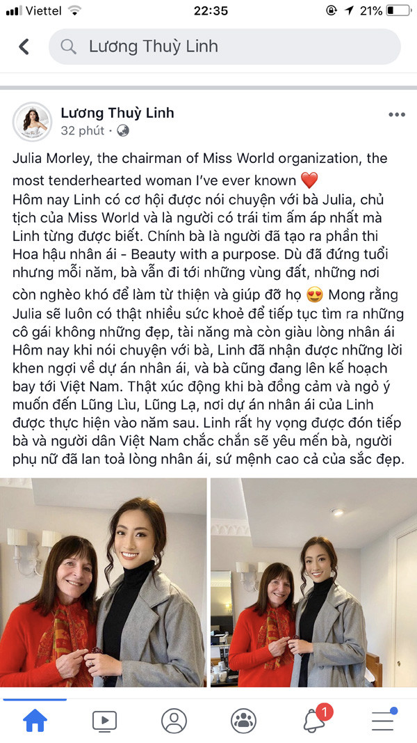 Lương Thuỳ Linh hội ngộ Chủ tịch Miss World