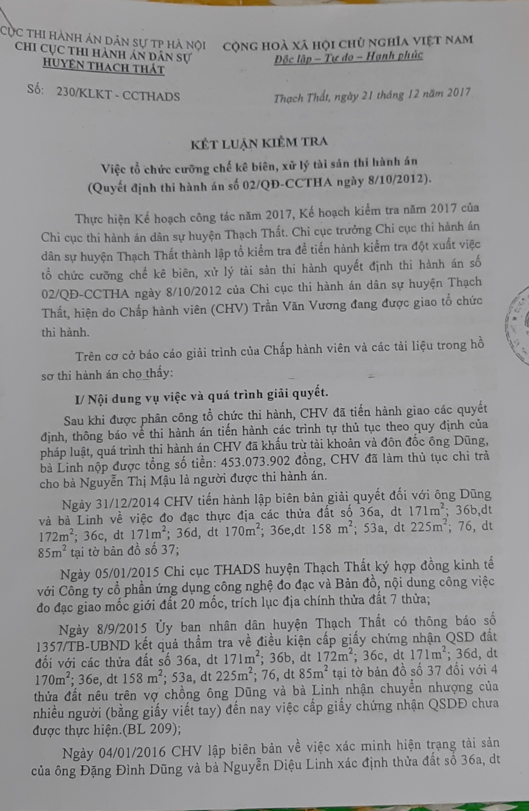 Thạch Thất, Hà Nội: Chấp hành viên vi phạm về trình tự tố tụng khi thi hành án