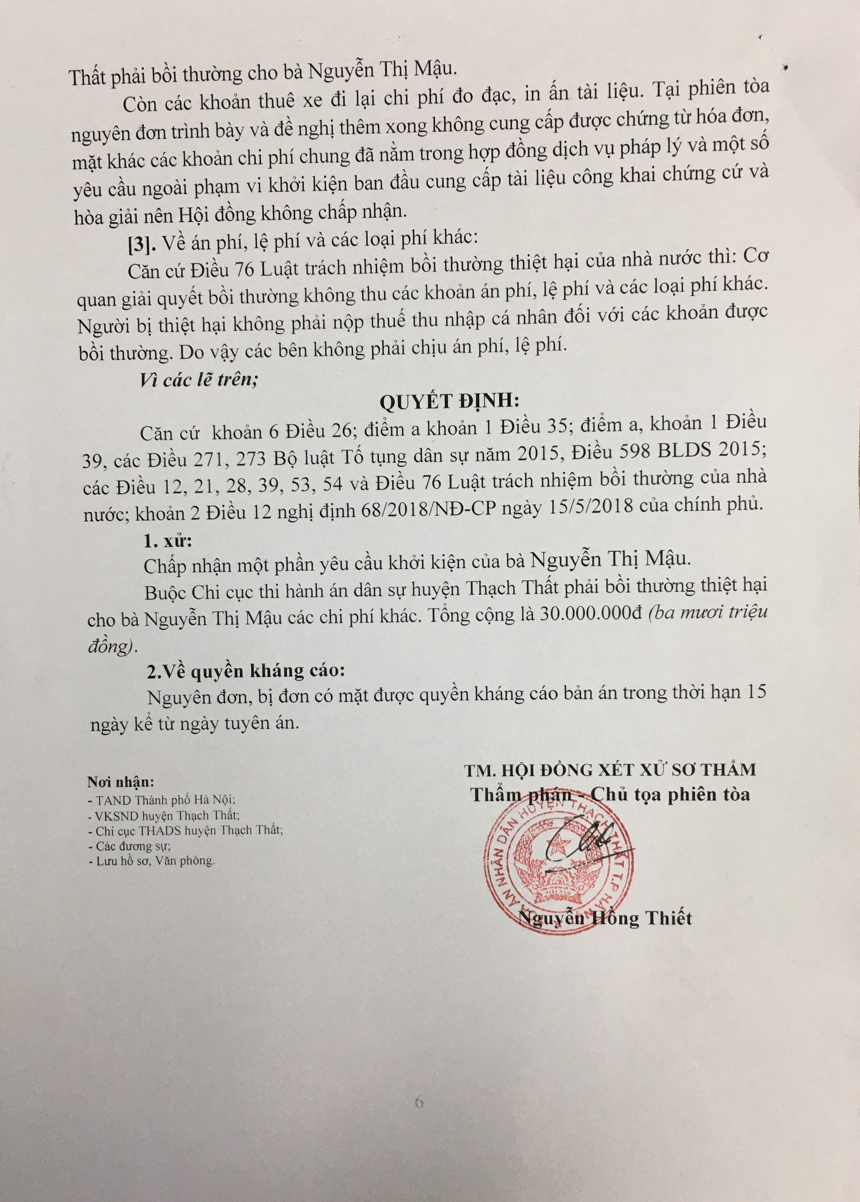 Chi cục THADS huyện Thạch Thất phải bồi thường cho người khởi kiện