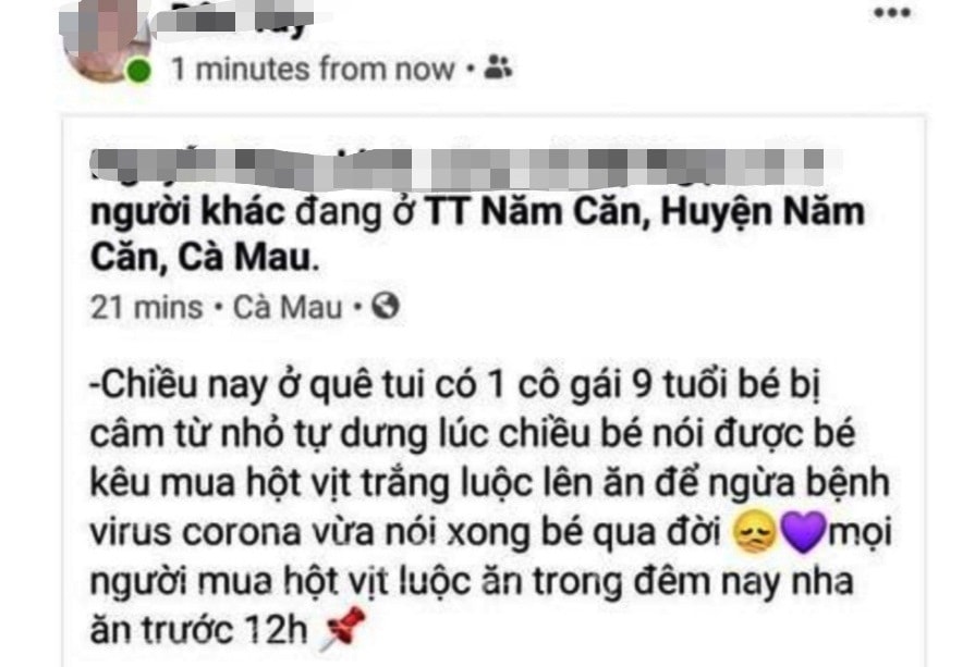 Phạt 10 triệu đồng chủ tài khoản facebook chia sẻ “ăn hột vịt trắng ngừa corona”