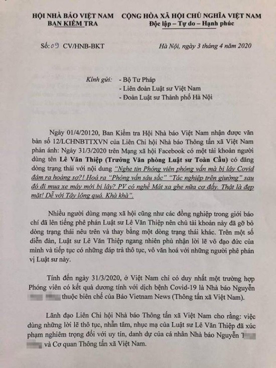 Hội Nhà báo Việt Nam đề nghị xử lý tài khoản Lê Văn Thiệp xúc phạm phóng viên