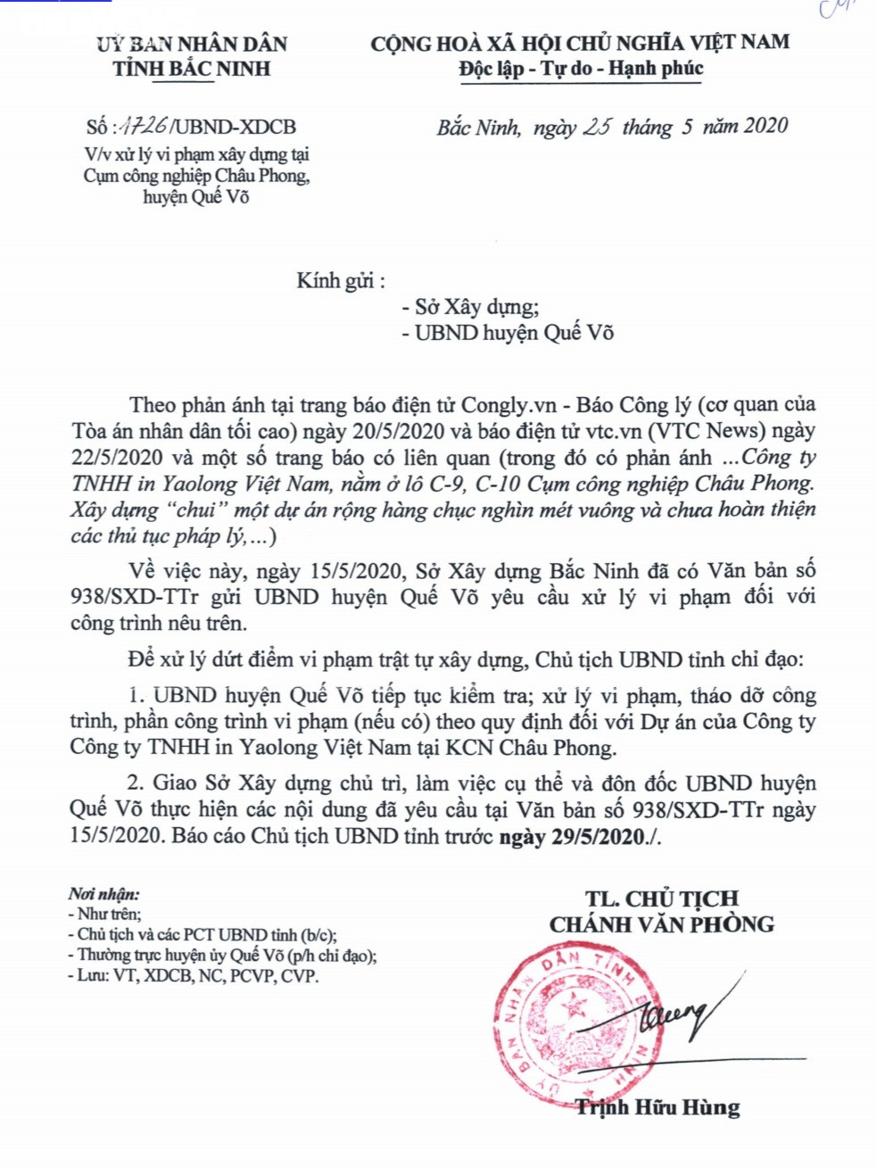 Chủ tịch Bắc Ninh chỉ đạo xử lý việc xây “chui” dự án của Công y Yaolong