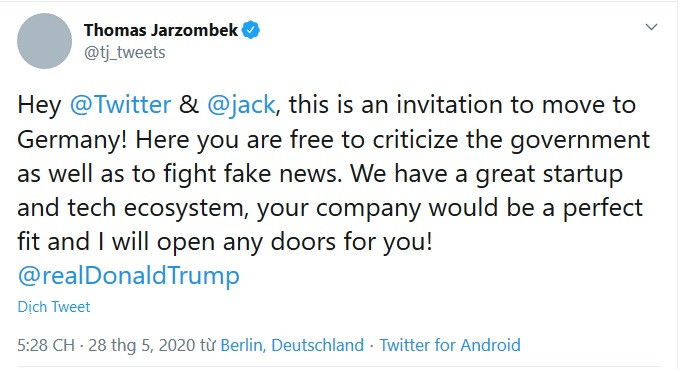 Căng thẳng Trump - Twitter: Đức “trải thảm đỏ” mời Twitter rời trụ sở sang nước này