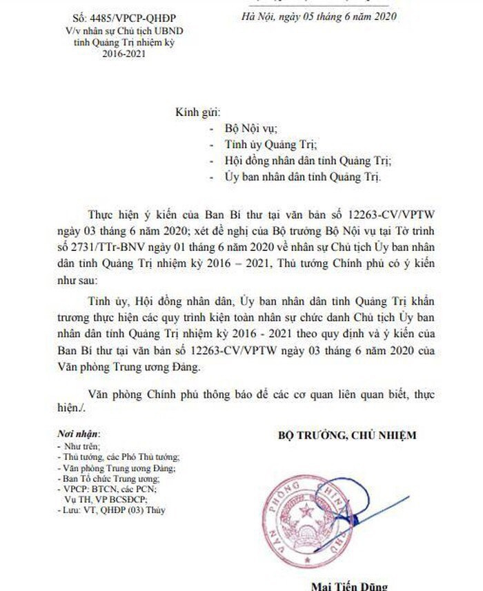 Thủ tướng chỉ đạo Quảng Trị sớm kiện toàn chức danh Chủ tịch UBND tỉnh