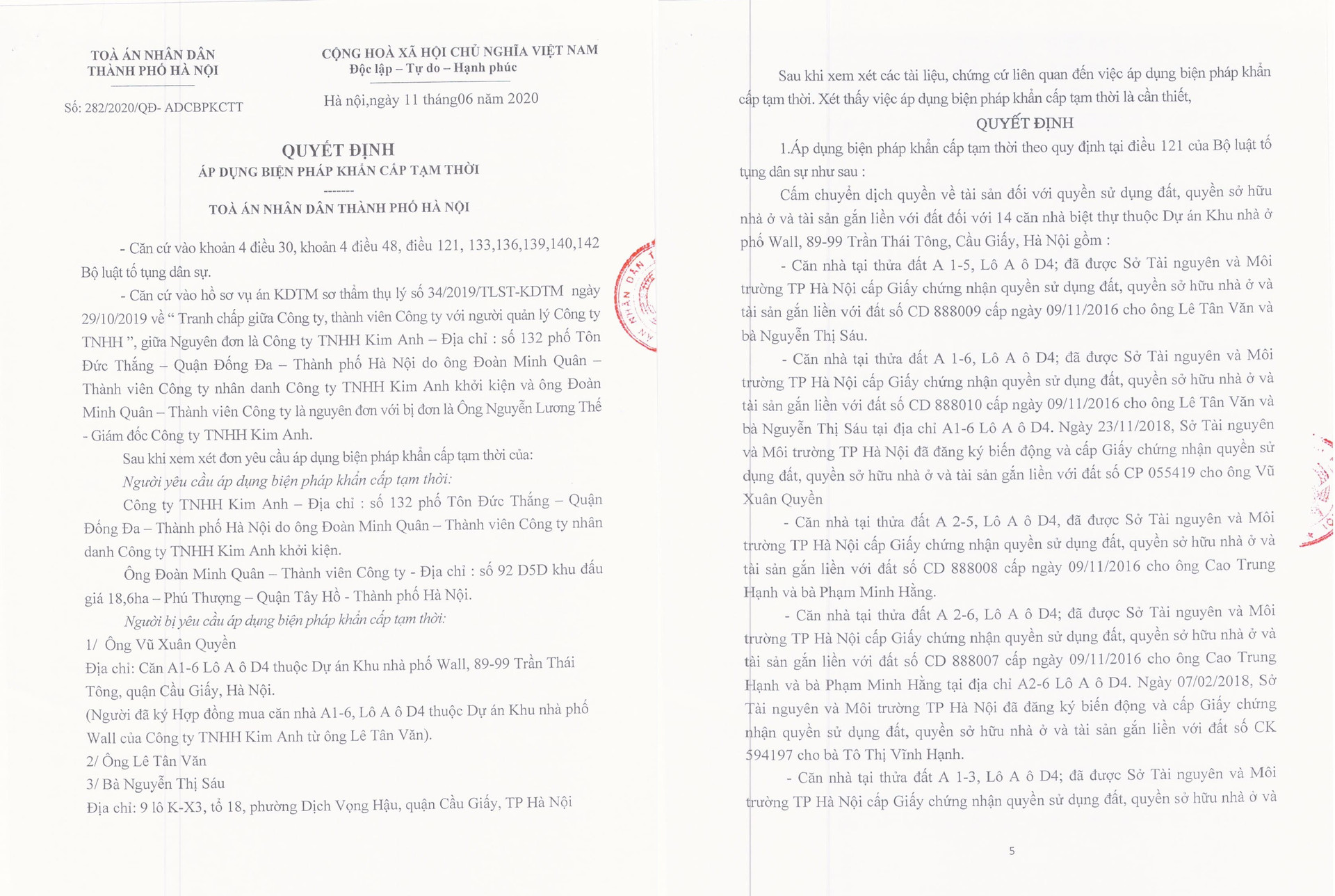 Vụ việc tranh chấp tại Công ty Kim Anh: Tòa “cấm dịch chuyển” 14 căn nhà tại dự án Phố Wall