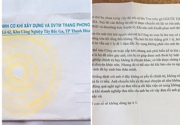 Bức thư tống tiền Phó Chủ tịch UBND thị xã Nghi Sơn viết gì?