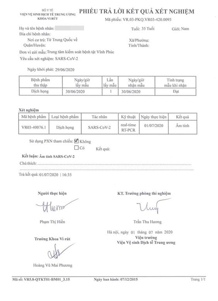 Trường hợp nghi ngờ mắc Covid-19 ở Vĩnh Phúc đã có kết quả âm tính