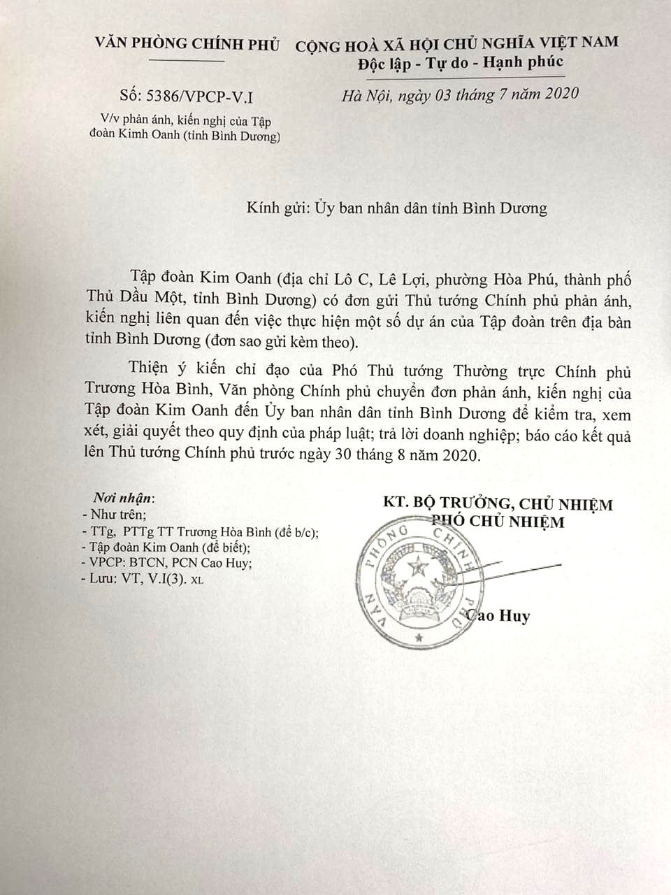 Văn bản số 5386 truyền đạt ý kiến của Phó Thủ tướng Thường trực Trương Hòa Bình liên quan đến việc thực hiện một số dự án của Công ty Kim Oanh tại Bình Dương