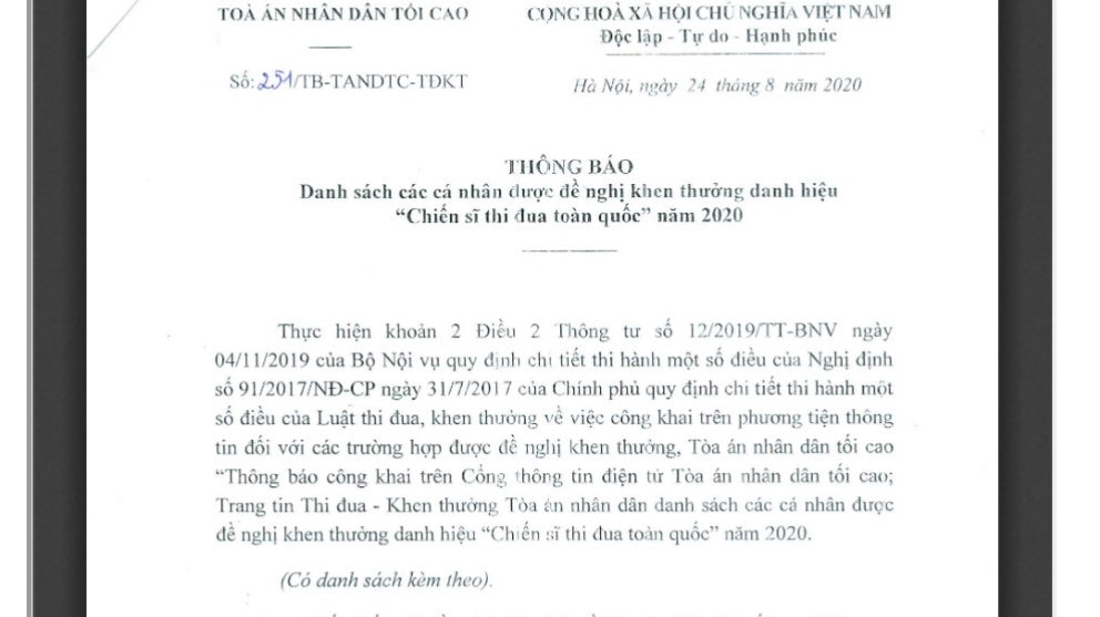 8 cá nhân được đề nghị khen thưởng danh hiệu Chiến sĩ thi đua toàn quốc của hệ thống TAND năm 2020