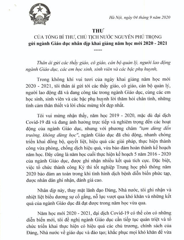 Tổng bí thư, Chủ tịch nước Nguyễn Phú Trọng gửi thư cho thầy, trò cả nước nhân khai giảng - Ảnh 2.
