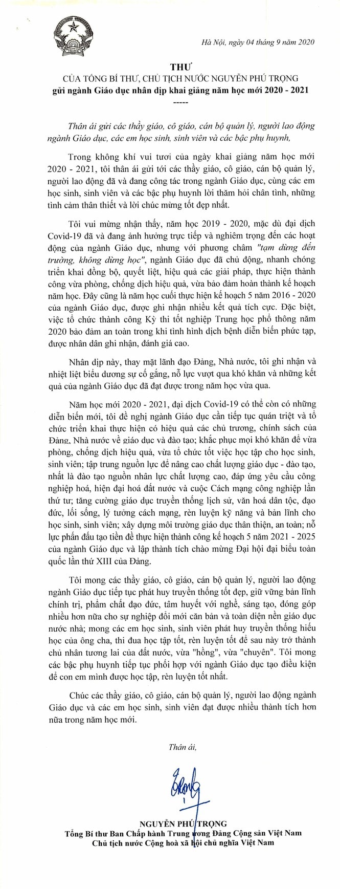 Tổng Bí thư, Chủ tịch nước Nguyễn Phú Trọng gửi thư chúc mừng nhân dịp khai giảng