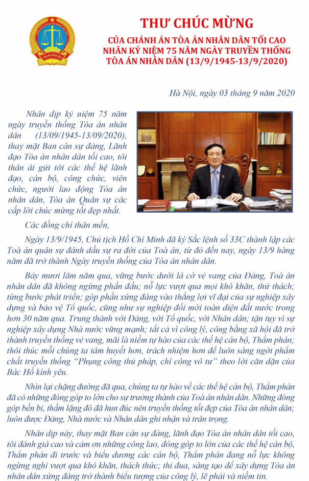 Chánh án TANDTC Nguyễn Hòa Bình gửi thư chúc mừng 75 năm Ngày truyền thống Tòa án nhân dân