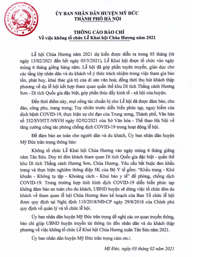 Hà Nội: Không tổ chức lễ khai hội chùa Hương 2021 - 2