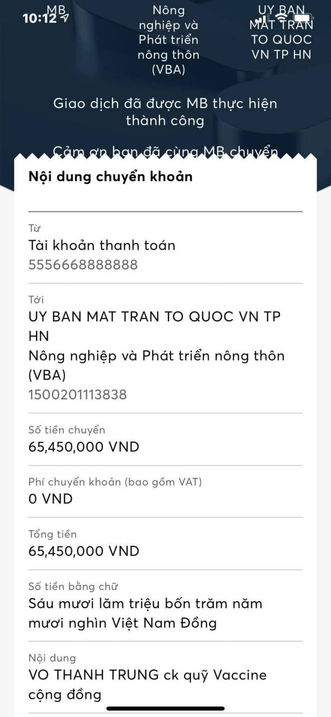 MC Thành Trung ủng hộ quỹ vắc xin 2