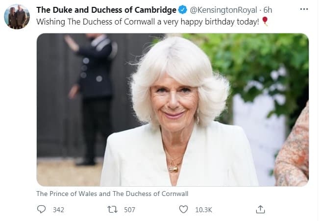 Hoàng tử William là người đầu tiên chúc mừng sinh nhật tuổi 74 của bà Camilla, mối quan hệ với mẹ kế 'tan băng' thấy rõ 6 Hoàng tử William là người đầu tiên chúc mừng sinh nhật tuổi 74 của bà Camilla, mối quan hệ với mẹ kế 'tan băng' thấy rõ 6