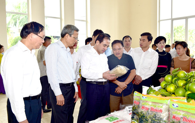 Các đồng chí lãnh đạo tỉnh và các đại biểu tham quan gian hàng trưng bày các sản phẩm OCOP của tỉnh Tuyên Quang.
