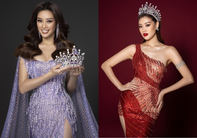 Khánh Vân tự chọn trang phục xuất hiện ở đêm bán kết (trái) và chung kết (phải) của Miss Universe Vietnam 2022.