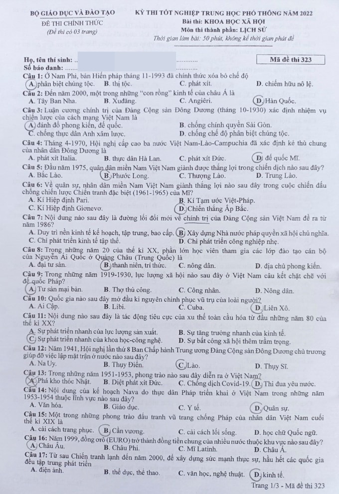 Đề thi Lịch sử tốt nghiệp THPT