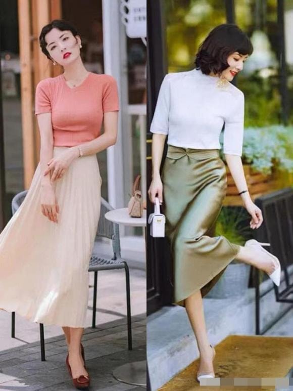 váy dài, giày da, kết hợp trang phụ đẹp, thời trang