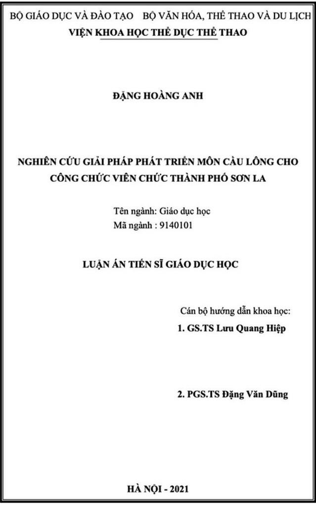 Trang bìa luận án tiến sĩ Nghiên cứu giải pháp phát triển môn cầu lông cho công chức viên chức thành phố Sơn La của nghiên cứu sinh Đặng Hoàng Anh. Ảnh chụp màn hình