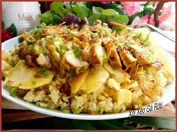 xôi xéo gà rô ti, món xôi xéo, công thức nấu xôi xéo