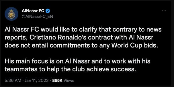 Al Nassr phủ nhận tin Ronaldo làm đại sứ World Cup 2023