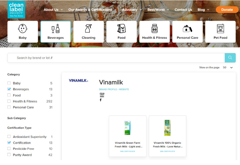 Vinamilk có sản phẩm sữa tươi đầu tiên trên thế giới được chứng nhận từ tổ chức Clean label project