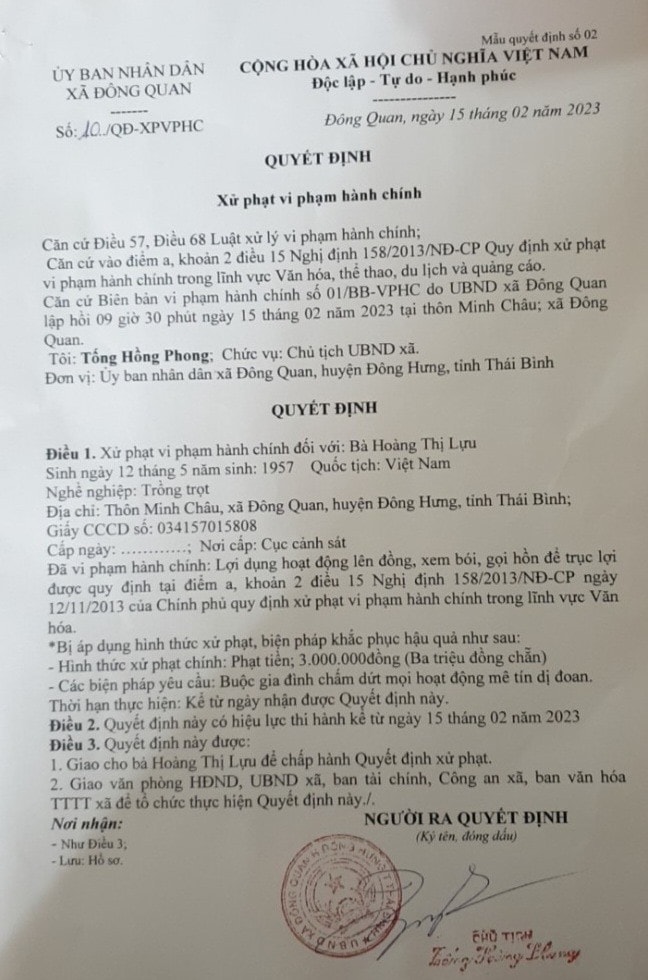 Phạt 3 triệu đồng 'cô đồng' gọi hồn áp vong ở Thái Bình