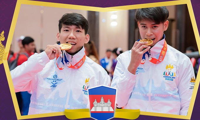 Kongmona Mithora và Touch Pikada giành HC vàng biểu diễn jujitsu cho Campuchia tại SEA Games 32 ngày 6/5/2023. Ảnh: Cambodia2023