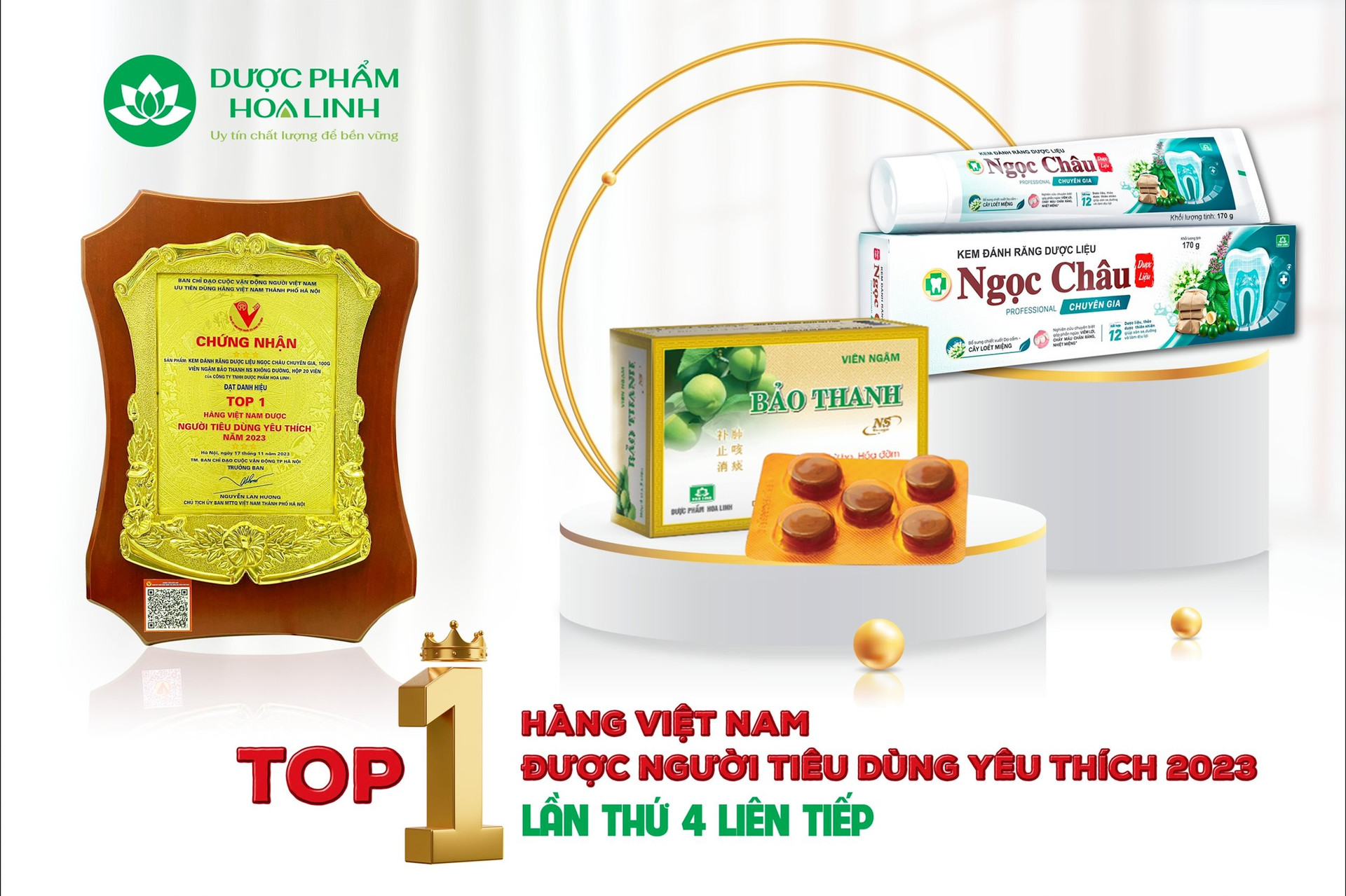 Viên ngậm Bảo Thanh NS không đường và Kem đánh răng dược liệu Ngọc Châu là những sản phẩm nổi tiếng của Dược phẩm Hoa Linh.