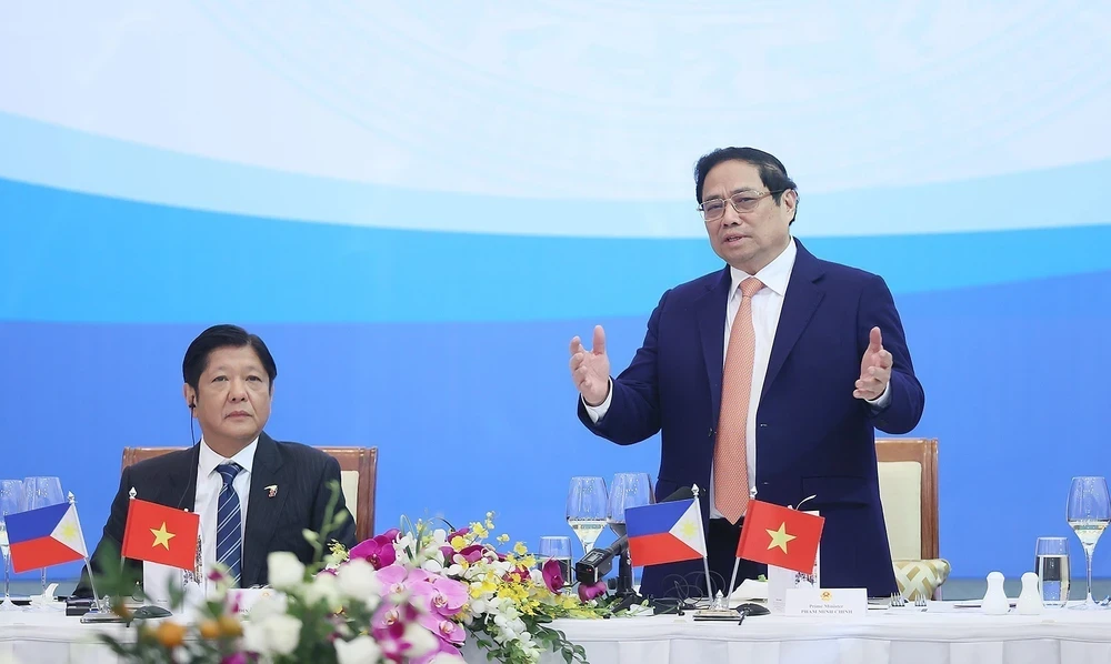 Thủ tướng Phạm Minh Chính phát biểu tại cuộc gặp gỡ doanh nghiệp hai nước Việt Nam và Philippines. (Ảnh: Dương Giang/TTXVN)