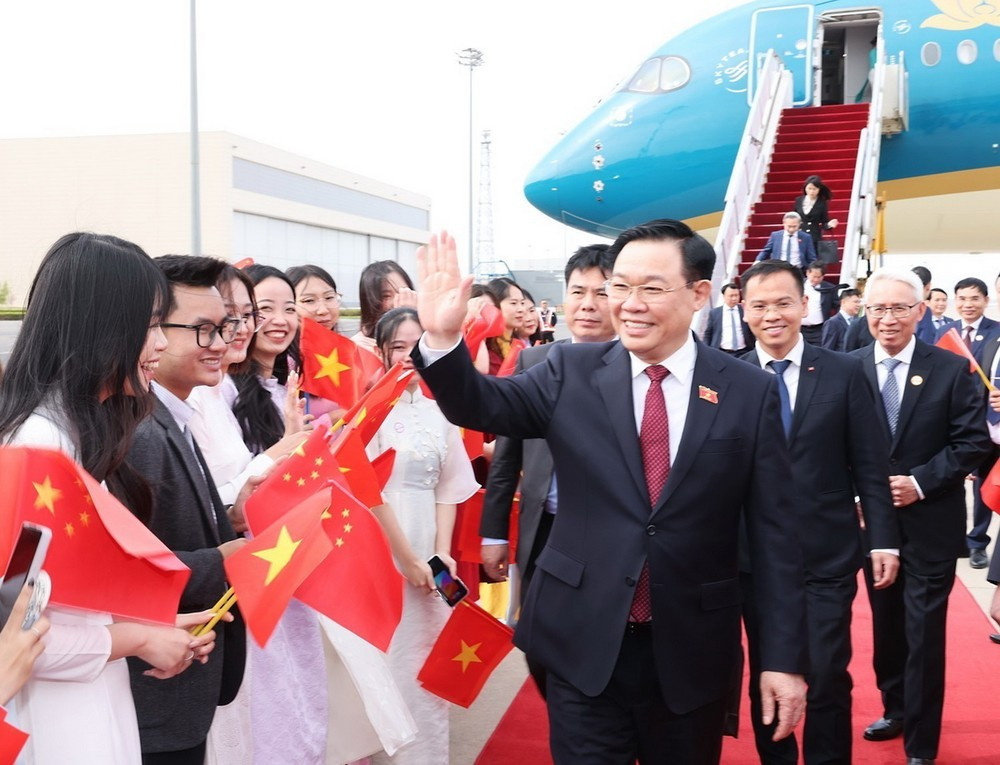 Cán bộ, nhân viên Đại sứ quán và đại diện cộng đồng người Việt Nam đón Chủ tịch Quốc hội Vương Đình Huệ tại sân bay quốc tế Bắc Kinh. (Ảnh: Nhan Sáng/TTXVN)