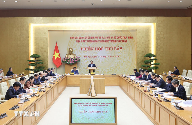 Thủ tướng Phạm Minh Chính chủ trì phiên họp. (Ảnh: Dương Giang/TTXVN) ttxvn-thu-tuong-chu-tri-phien-hop-thu-7-cua-bcd-ra-soat-xu-ly-vuong-mac-trong-he-thong-van-ban-quy-pham-phap-luat-3.jpg