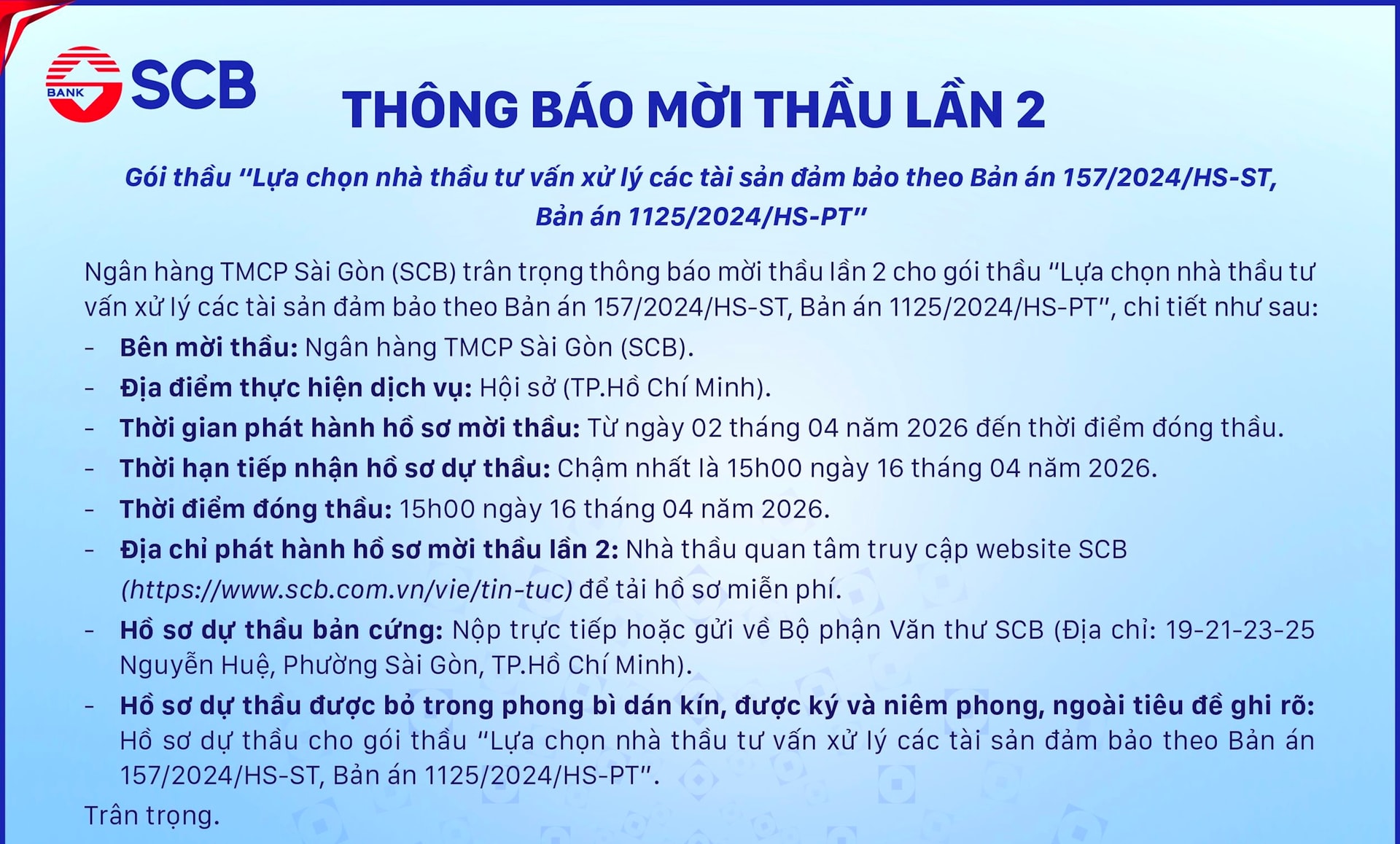 SCB thông báo mời thầu lần 2